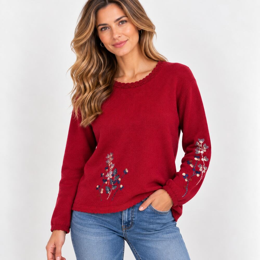 Vintage Southern Lady Embroidered Sweater Women's Size XL Floral Scalloped Neck